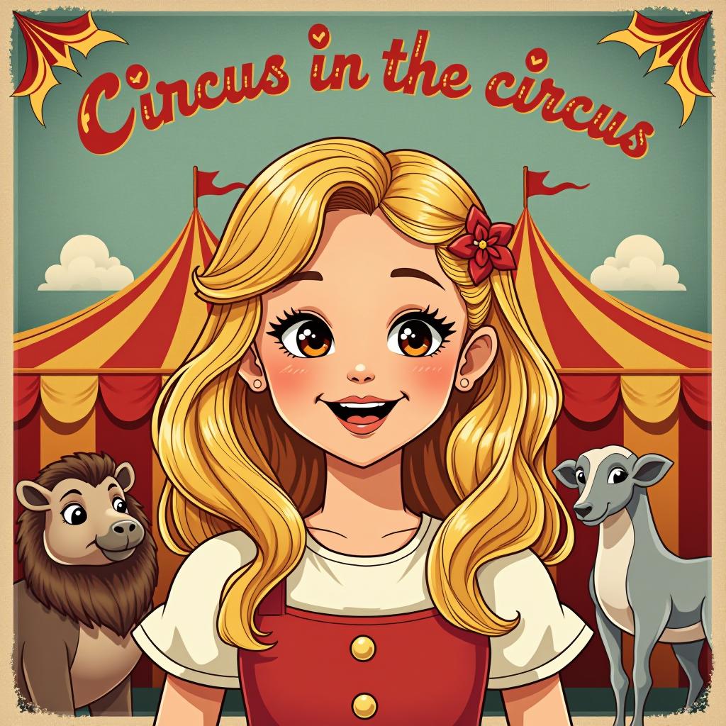  a blonde girl is illustrated in a retro circus style, smiling against a backdrop of a circus with animals. above her head is the inscription "circus in the circus."