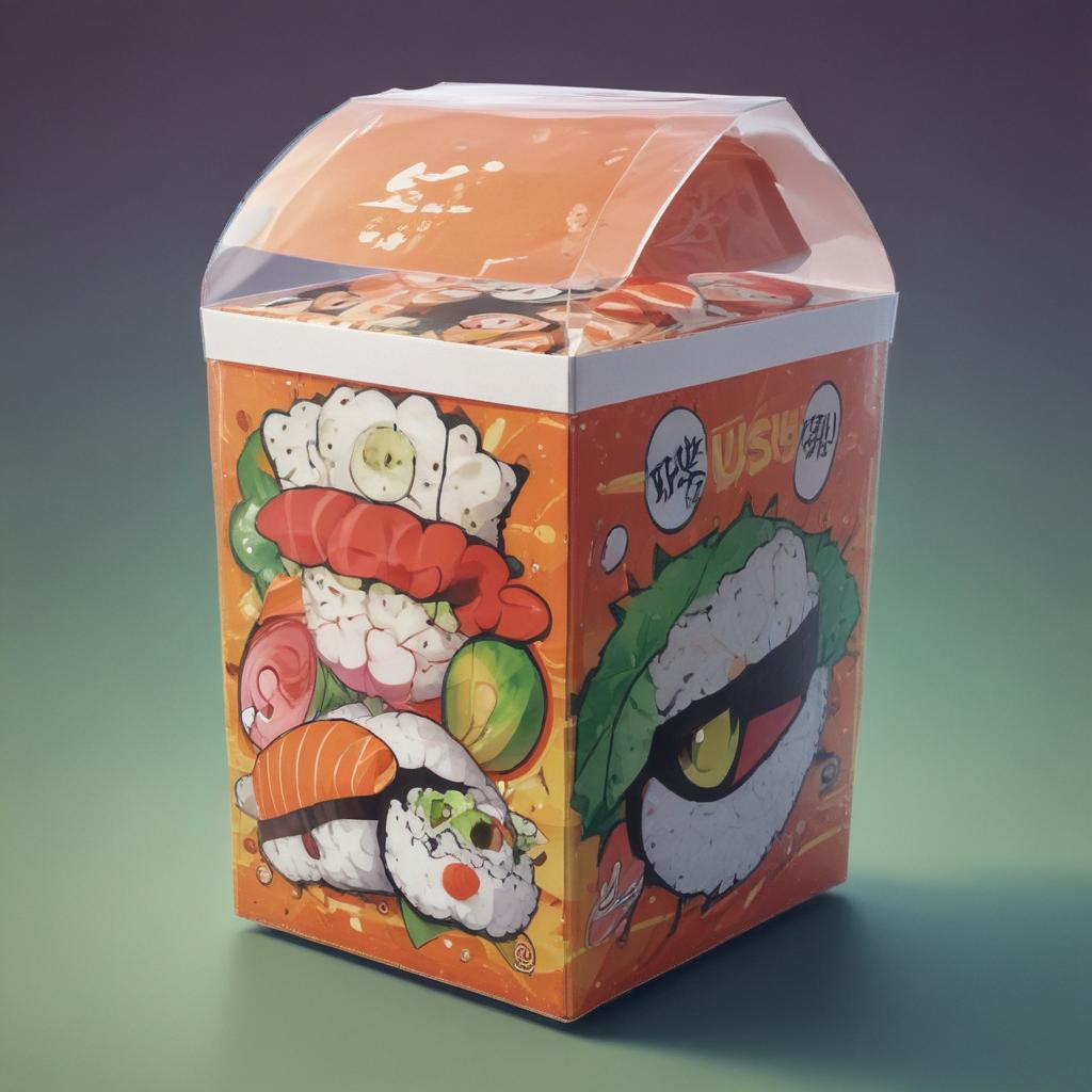 distance-shot, flashy, full-body, dynamic, holographic, animated cartoon poster of a take-out box of sushi in the style of dragon ball super