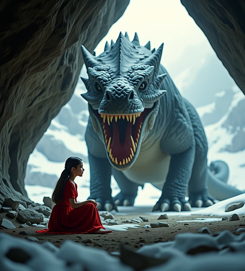  a young in a red dress, sitting on the ground next to an enormous dragon with huge teeth and eyes. she is facing it head on, as if they were friends or good policeman. the scene takes place inside snowy rocks in the mountains. shot in the style of james cameron for the secret life of woli, 70s movie still.