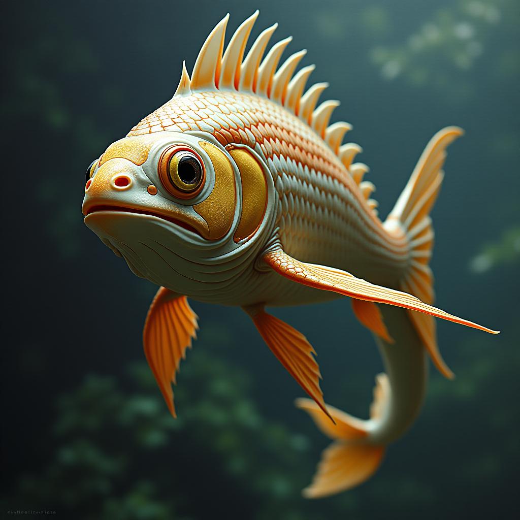  make the fish's face more elongated, resembling that of a dragon, but with more slanted eyes, and make the body long.