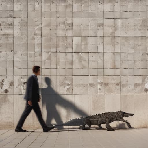 a man walks near the wall and it's as if he has a shadow in the form of a crocodile