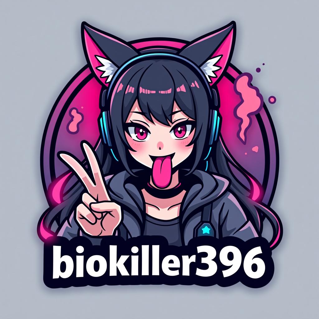  design a logo, gamer girl with cat ears with her tongue out with a peace sign with smoke and pink lights, with the text 'biokiller396'.