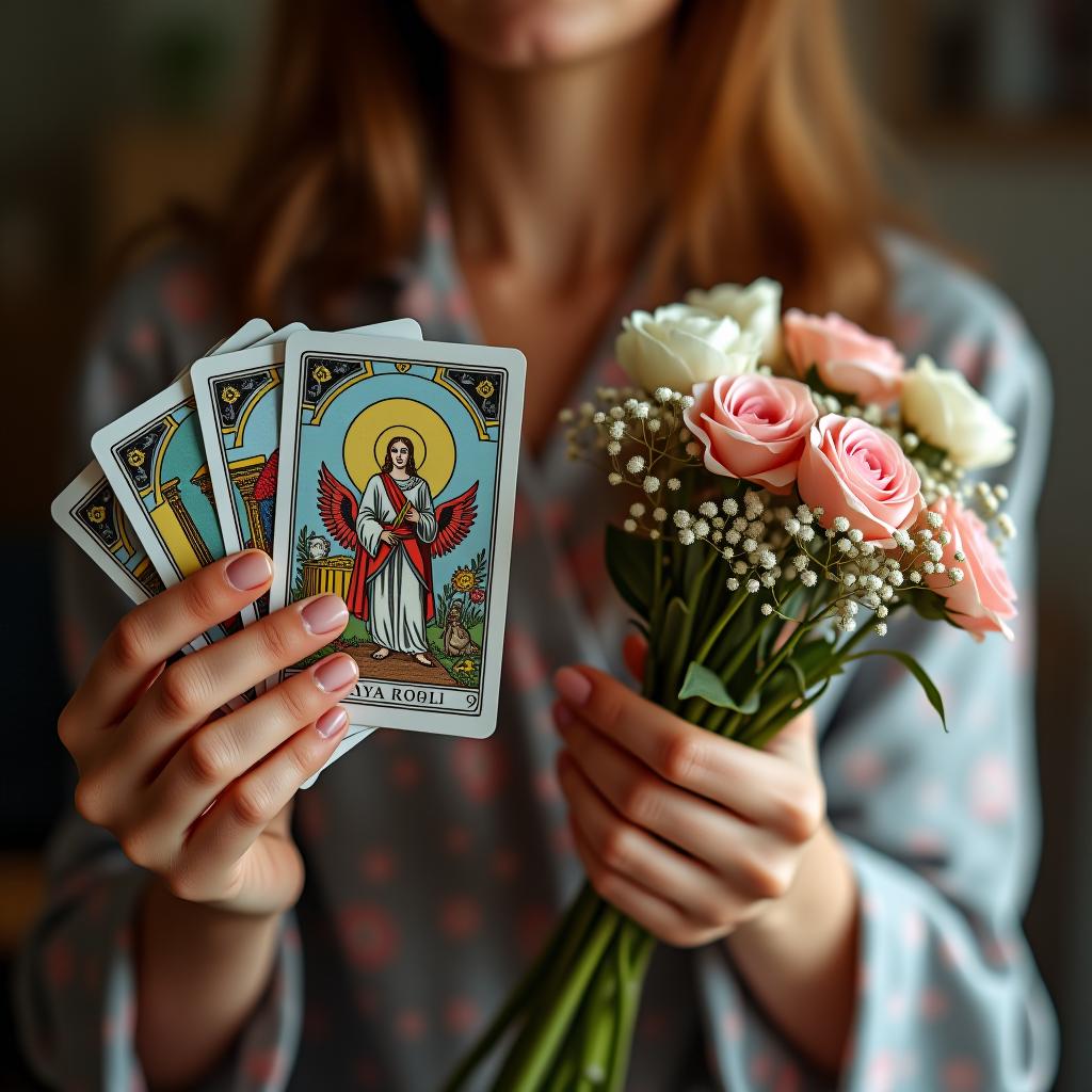  a woman is holding tarot cards in one hand and a bouquet of flowers, which she received as a birthday gift, in the other hand.