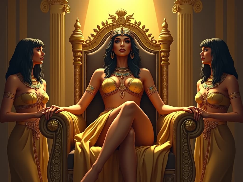  cleopatra like figure, large busted and sensual, reclining on a golden throne, adoring attendants around, a spotlight of radiance. the style is digital art illustration / modern comic book / mysterious occult, symbolic, esoteric vibe,high detail on character design, incorporating ancient egyptian symbology and attire.