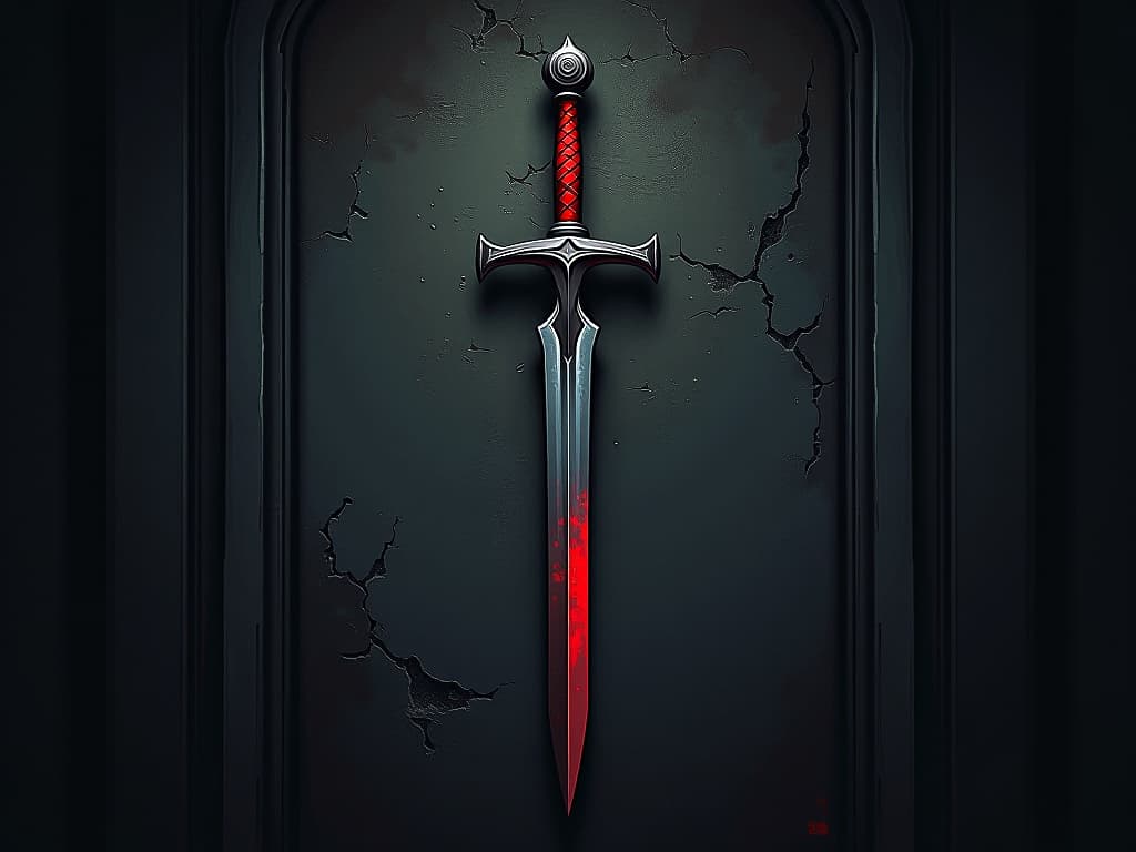  ancestral sword with red hilt, mounted on a dark wall, tarnish and rust reflecting age, air of inherited negativity. the style is digital art illustration / modern comic book / graphic dark novel fantasy and mysterious occult, symbolic, moody lighting, esoteric vibe,high detail on character design. for the color scheme emphasize blacks and reds.