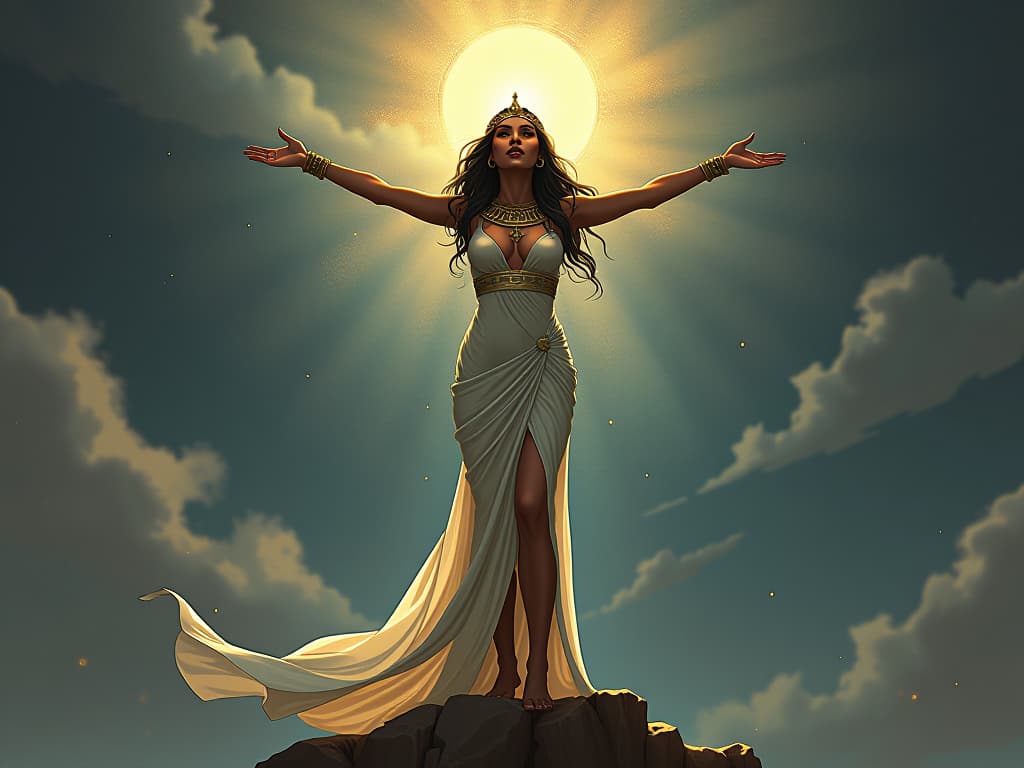  a mystical scene with a large busted goddess in a shimmering, form fitting gown, standing on a cliff edge, arms outstretched towards the sky, a magical aura surrounding her, representing divine inspiration. the style is digital art illustration / modern comic book / mysterious occult, symbolic, esoteric vibe,high detail on character design, incorporating ancient egyptian symbology and attire.