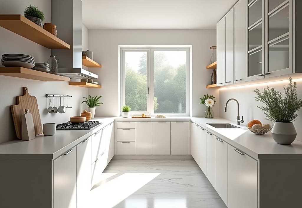  a landscape photo of a bright, airy small white kitchen with open shelving, marble countertops, and a large window letting in natural light, shot from a wide angle perspective hyperrealistic, full body, detailed clothing, highly detailed, cinematic lighting, stunningly beautiful, intricate, sharp focus, f/1. 8, 85mm, (centered image composition), (professionally color graded), ((bright soft diffused light)), volumetric fog, trending on instagram, trending on tumblr, HDR 4K, 8K