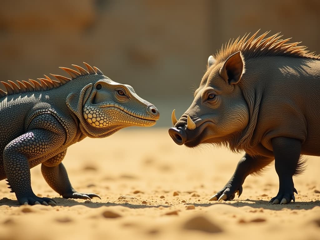  a komodo dragon and a wild boar stare each other down in a sandy arena, their scales and bristles highlighted by the bright sunlight. camera settings: iso 200, f/5.6, 1/1000 sec. hyperrealistic, full body, detailed clothing, highly detailed, cinematic lighting, stunningly beautiful, intricate, sharp focus, f/1. 8, 85mm, (centered image composition), (professionally color graded), ((bright soft diffused light)), volumetric fog, trending on instagram, trending on tumblr, HDR 4K, 8K