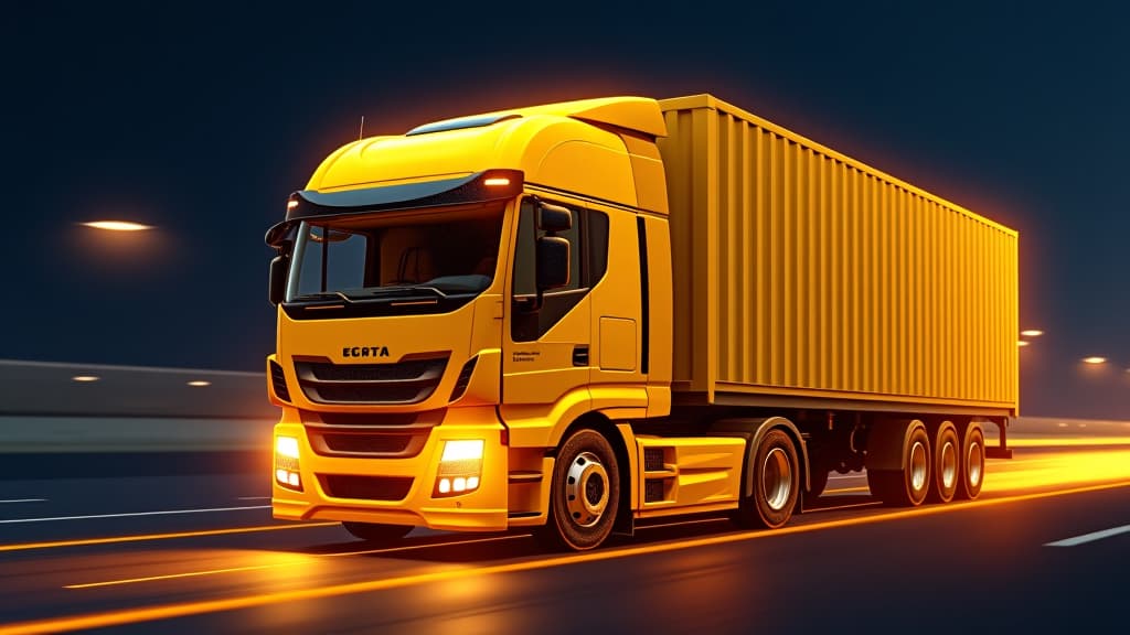  digital yellow truck with glowing data stream , the integration of ai into freight transportation and logistics management, cargo tracking for efficient supply chain operations. wireframe low poly.