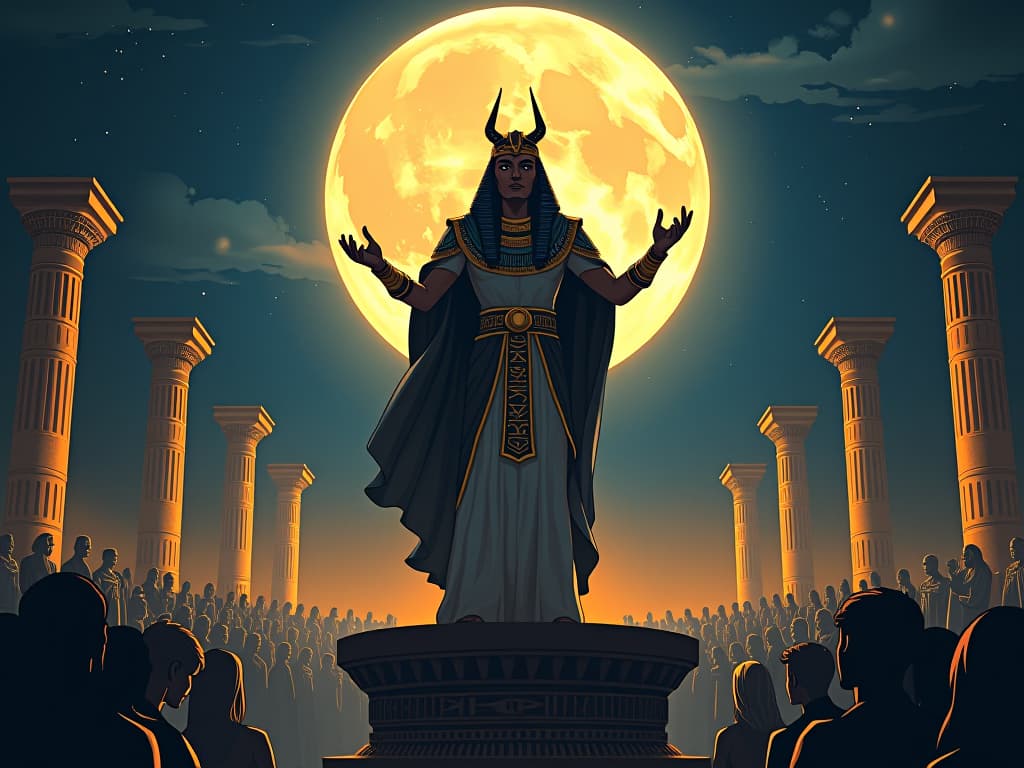  egyptian leader in elaborate attire, standing on a pedestal under a full moon, addressing a captivated audience, aura of innovative leadership and vision. the style is digital art illustration / modern comic book / mysterious occult, symbolic, esoteric vibe,high detail on character design, incorporating ancient egyptian symbology and attire.