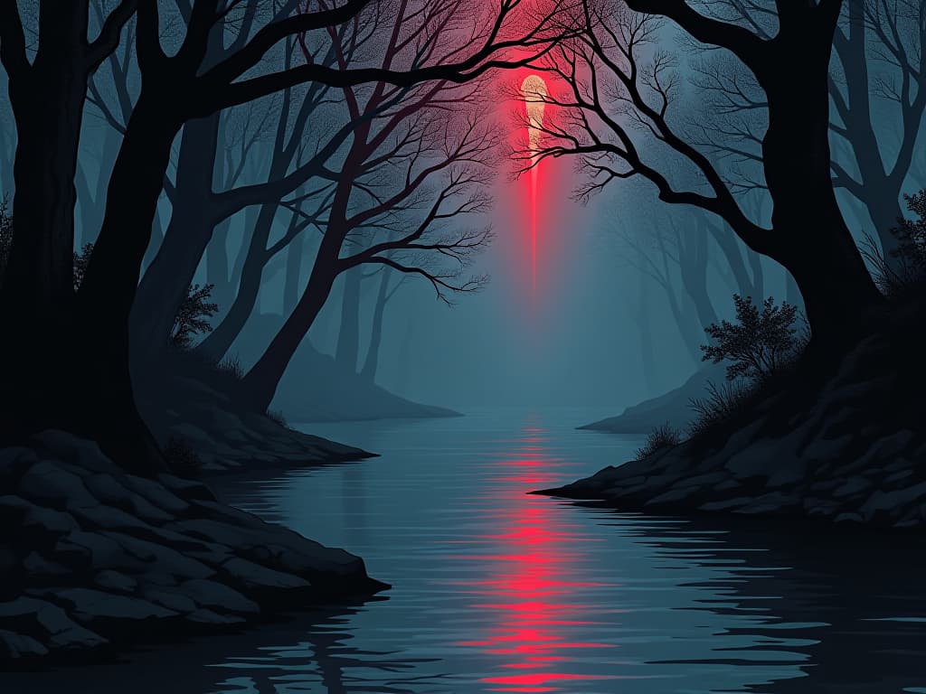  peaceful river scene, soft light reflecting on water, slower pace, calm moment. the style is digital art illustration / modern comic book / graphic dark novel fantasy and mysterious occult, symbolic, moody lighting, esoteric vibe,high detail on character design. for the color scheme emphasize blacks and reds.