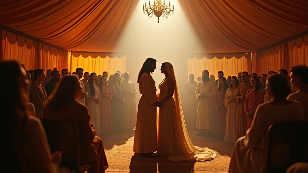  history of biblical times, a joyous celebration scene depicting isaac and rebecca's marriage in a richly adorned tent with family and friends. hyperrealistic, full body, detailed clothing, highly detailed, cinematic lighting, stunningly beautiful, intricate, sharp focus, f/1. 8, 85mm, (centered image composition), (professionally color graded), ((bright soft diffused light)), volumetric fog, trending on instagram, trending on tumblr, HDR 4K, 8K