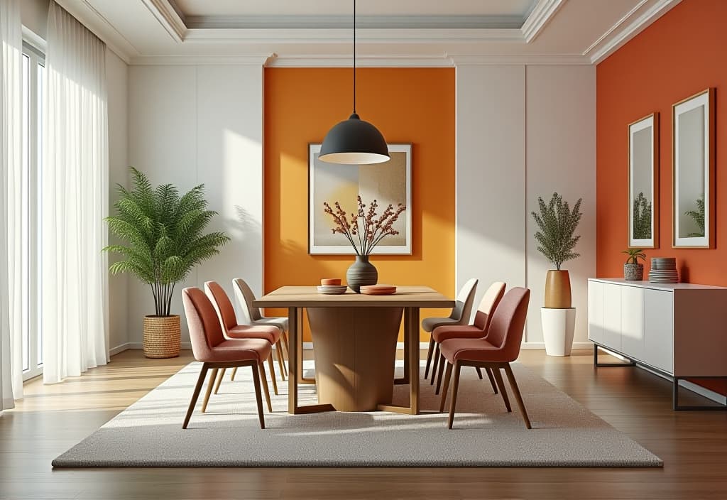  a landscape photo of a bright and airy dining room with white walls, featuring a colorful accent wall that perfectly matches the upholstery of modern dining chairs hyperrealistic, full body, detailed clothing, highly detailed, cinematic lighting, stunningly beautiful, intricate, sharp focus, f/1. 8, 85mm, (centered image composition), (professionally color graded), ((bright soft diffused light)), volumetric fog, trending on instagram, trending on tumblr, HDR 4K, 8K