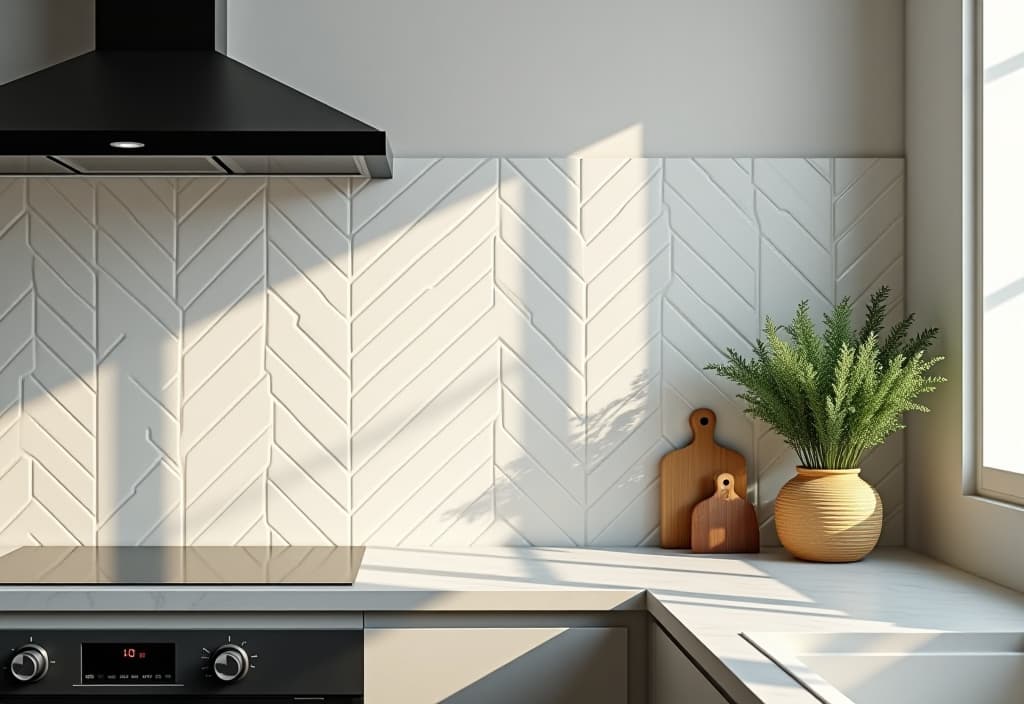  a landscape photo of an artistic arrangement of white subway tiles in a herringbone pattern, creating a textured backsplash that catches the light in a bright, airy kitchen hyperrealistic, full body, detailed clothing, highly detailed, cinematic lighting, stunningly beautiful, intricate, sharp focus, f/1. 8, 85mm, (centered image composition), (professionally color graded), ((bright soft diffused light)), volumetric fog, trending on instagram, trending on tumblr, HDR 4K, 8K