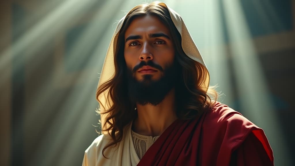  a symbolic image of jesus known as 'isa' in islamic tradition, emphasizing his reverence as a prophet. hyperrealistic, full body, detailed clothing, highly detailed, cinematic lighting, stunningly beautiful, intricate, sharp focus, f/1. 8, 85mm, (centered image composition), (professionally color graded), ((bright soft diffused light)), volumetric fog, trending on instagram, trending on tumblr, HDR 4K, 8K