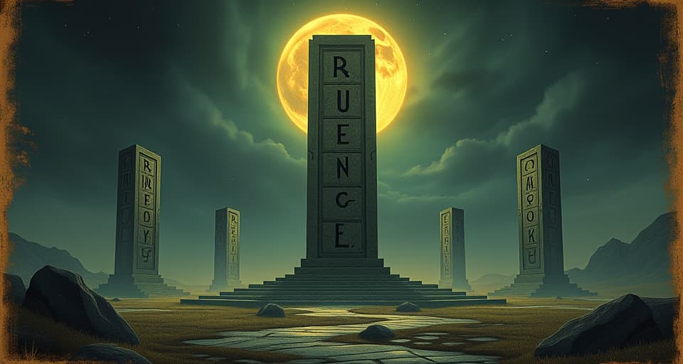  ancient stone monoliths inscribed with runes, glowing with otherworldly light, looming over a landscape, timeless wisdom, eerie silence, sense of awe and reverence. an illustration in the style of a worn, mystical old tarot trump card, mysterious and elements of surrealism. the colors are muted, somber and eerie, but with contrast bring out an occult and esoteric vibe.