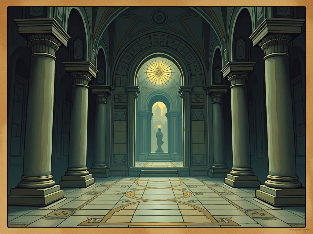  sacred temples, polished stone, holy symbols carved into walls, peaceful ambiance, harmonious energy, ancient architecture. an illustration in the style of a worn, mystical old tarot trump card, mysterious and elements of surrealism. the colors are muted, somber and eerie, but with contrast bring out an occult and esoteric vibe.