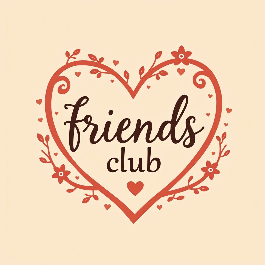  create a romantic themed logo for a group called 'friends club,' inspired by k drama aesthetics. the logo should feature a warm and inviting color palette with elements that evoke friendship and affection, such as hearts, intertwined hands, or subtle floral patterns. include subtle k drama inspired motifs, such as elegant script fonts, dreamy backgrounds, or charming character illustrations. incorporate the text 'friends club' in a stylish, romantic font. the overall design should capture the essence of k drama romance and convey a sense of closeness and warmth