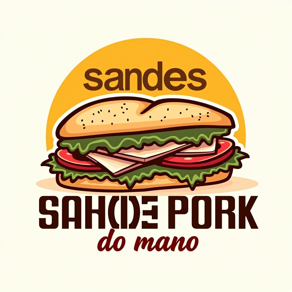  design a logo, in a threedrender style. sandwich of pork , called « sandes do mano » with a bouncer in the back gold background , with the text 'sandes do mano'.