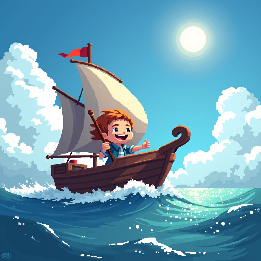  (((pixel art:10))), (high quality), the ship sails smoothly over the sparkling water, with jack holding a wooden stick like a wand. he smiles widely, imagining magical things happening as the sun shines down on him. the ocean glitters like thousands of tiny diamonds under the clear blue sky, and fluffy white clouds drift lazily across the horizon.