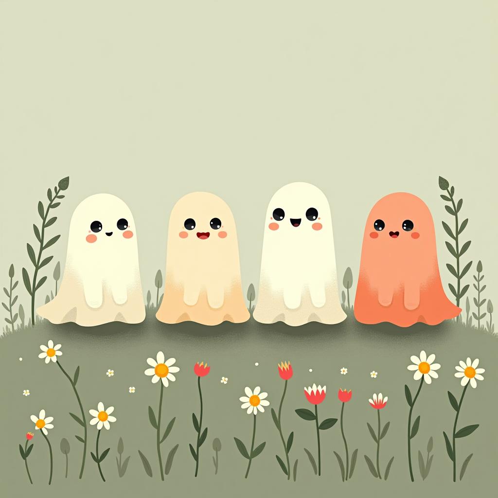  create a digital illustration featuring a row of four or five cute, cartoonish ghost characters, each with a different appearance, standing in different positions within sparse, life like wildflowers.