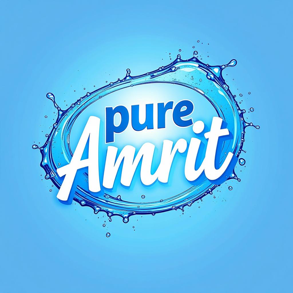  design a vibrant and energetic logo for "pure amrit" mineral water brand, featuring an abstract water splash around the text. use dynamic, flowing lines to represent water movement, with a bright blue color scheme. the font should be bold and slightly italicized to convey energy and purity., high quality, high details, hd, perfect composition, 4k epic detailed, highly detailed, sharp focus, high resolution