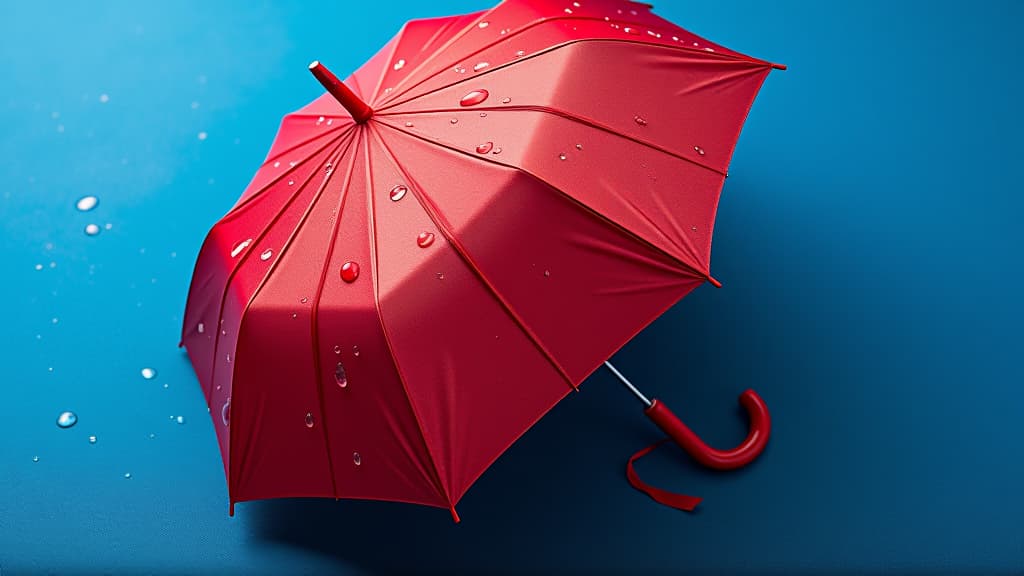  an image shows a red umbrella lying sideways on a blue surface with water drops on its top and bottom