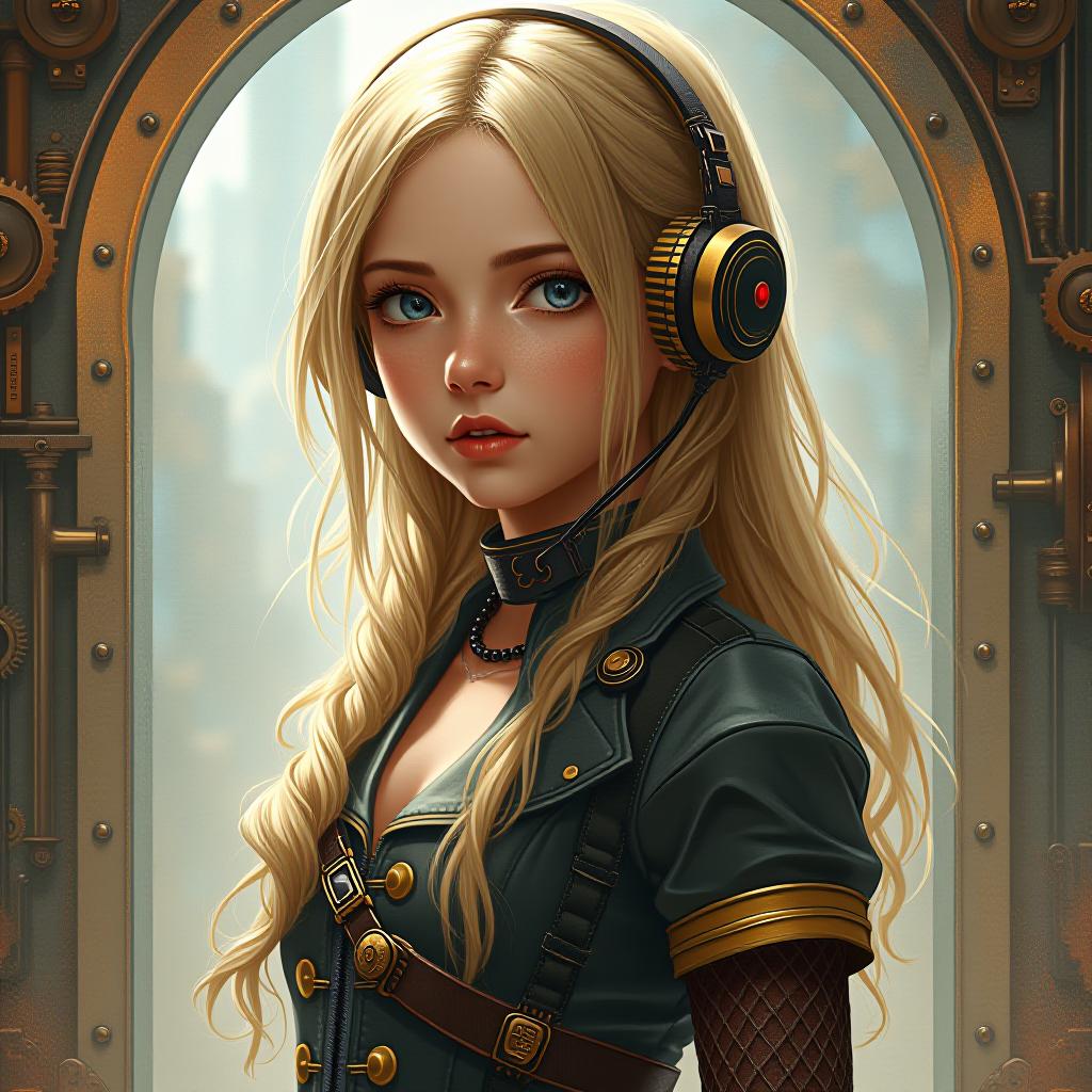  steampunk, girl, blonde hair, age 13,, retrofuturistic science fantasy, steam powered tech, vintage industry, gears, neo victorian, steampunk