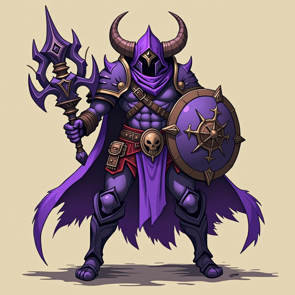  purple warrior holding the head of an enemy. writr the words "$kalis, vechain killer"