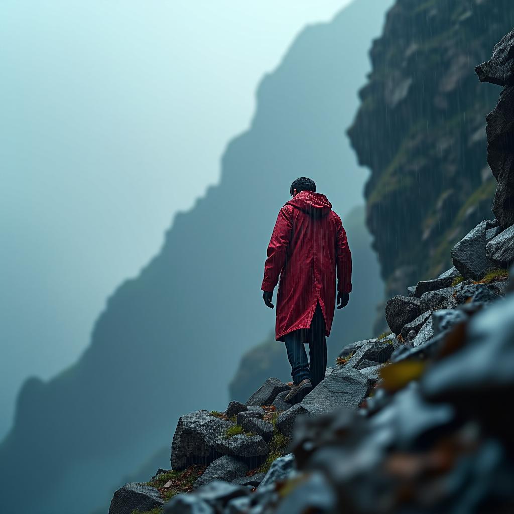  hyperrealistic art a man in a red coat climbs into the mountain under a heavy rain . extremely high resolution details, photographic, realism pushed to extreme, fine texture, incredibly lifelike hyperrealistic, full body, detailed clothing, highly detailed, cinematic lighting, stunningly beautiful, intricate, sharp focus, f/1. 8, 85mm, (centered image composition), (professionally color graded), ((bright soft diffused light)), volumetric fog, trending on instagram, trending on tumblr, HDR 4K, 8K