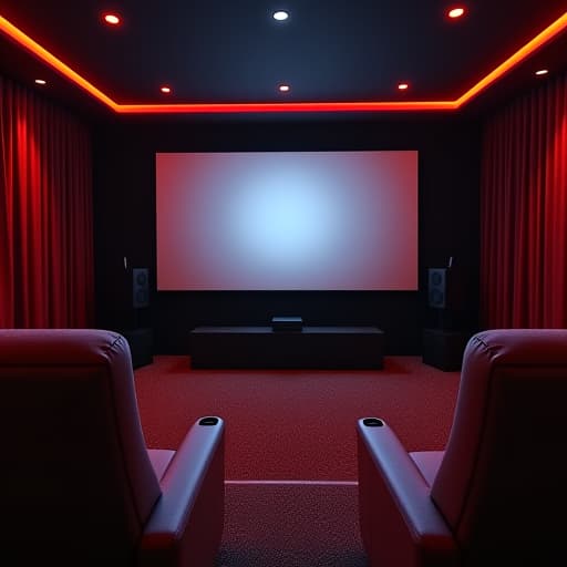  a cozy home movie theater setup with a large screen, plush reclining seats, surround sound speakers, and soft ambient lighting, inviting viewers to immerse themselves in a cinematic experience.