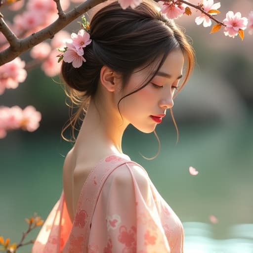  a serene and artistic portrayal of a japanese female figure, emphasizing natural beauty and grace, soft lighting, delicate skin tones, traditional japanese aesthetics, elements of nature surrounding her, such as cherry blossoms or flowing water, capturing a moment of tranquility and elegance, with an emphasis on body positivity and self acceptance