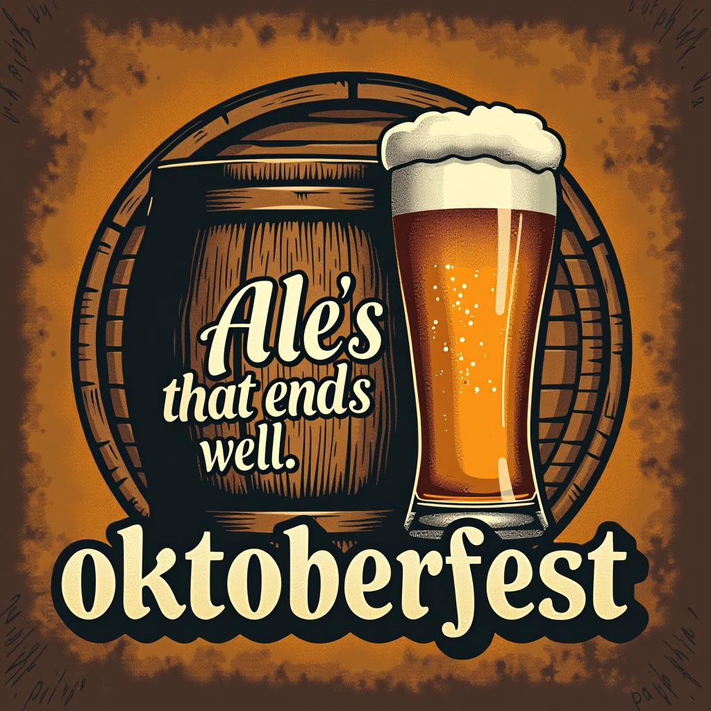  vintage style design with 'ale's well that ends well.' old fashioned beer barrel and rustic texture. place the word oktoberfest at the bottom of the image