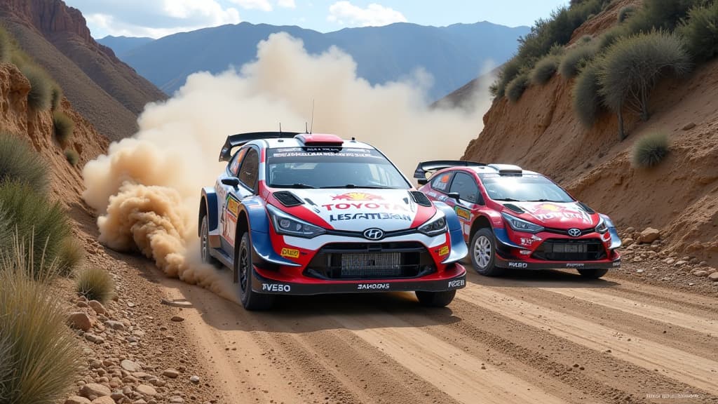  prompt: create an ultra realistic and detailed image capturing the intensity of the wrc rally chile 2024 event. show a dynamic scene at the "pulperia" stage featuring hyundai and toyota rally cars, with ott tänak and elfyn evans in focus. include sports commissioners making a decision, adjusting nominal times, and ensuring spectator safety. display logos of hyundai and toyota prominently on the cars, showcasing the unexpected lead change. illustrate the meticulous review process by the commissi