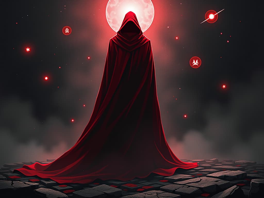  figure in red cloak, standing tall with an aura of finality, sacred symbols floating around, mood of resolved determination. the style is digital art illustration / modern comic book / graphic dark novel fantasy and mysterious occult, symbolic, moody lighting, esoteric vibe,high detail on character design. for the color scheme emphasize blacks and reds.