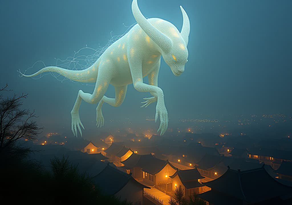  good quality, high quality, a detailed, otherworldly creature made of translucent, glowing fabric and hollow cybernetic threads looms over a traditional chinese village at dusk. incorporate light particles, double exposure, and bold, unsettling contrasts for a striking, award winning concept art piece