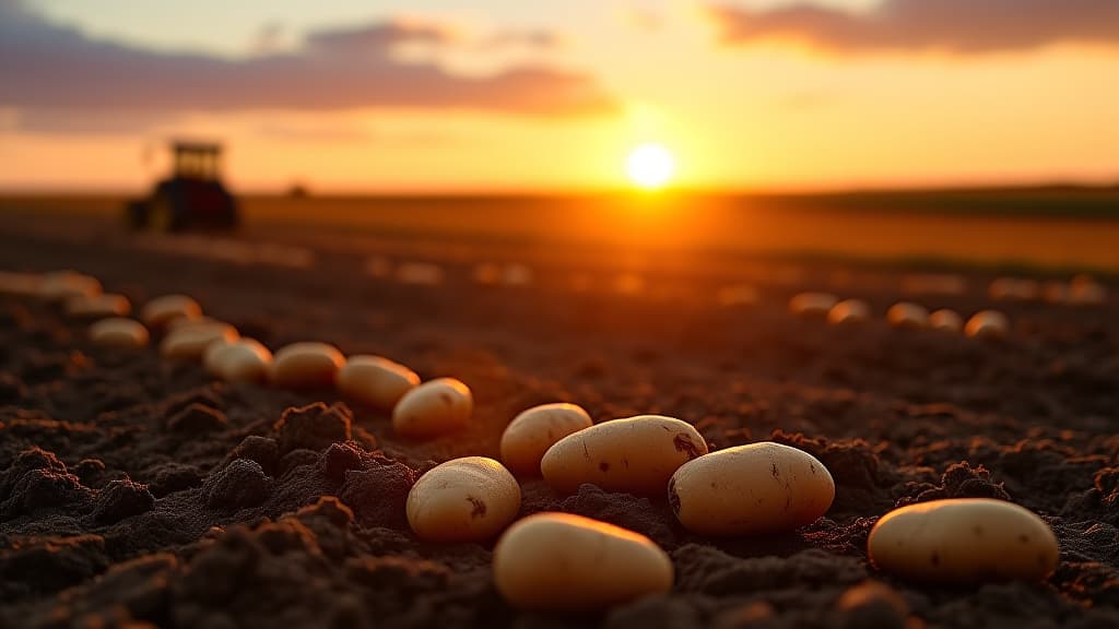  a beautiful sunrise over a potato field with freshly harvested potatoes scattered on rich soil and a tractor in the background.