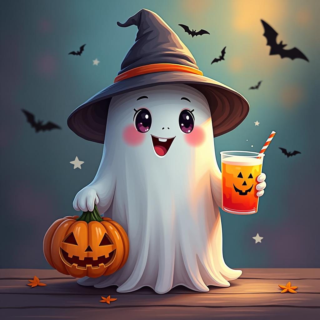  create a digital painting featuring a cute ghost character. the ghost should be wearing a hat. in one hand, the ghost should hold a pumpkin with a carved face, and in the other hand, a halloween themed drink. the background should be colorfull and include small black bats and stars to add a playful halloween touch. the overall style should be cute, whimsical, and colorful hyperrealistic, full body, detailed clothing, highly detailed, cinematic lighting, stunningly beautiful, intricate, sharp focus, f/1. 8, 85mm, (centered image composition), (professionally color graded), ((bright soft diffused light)), volumetric fog, trending on instagram, trending on tumblr, HDR 4K, 8K