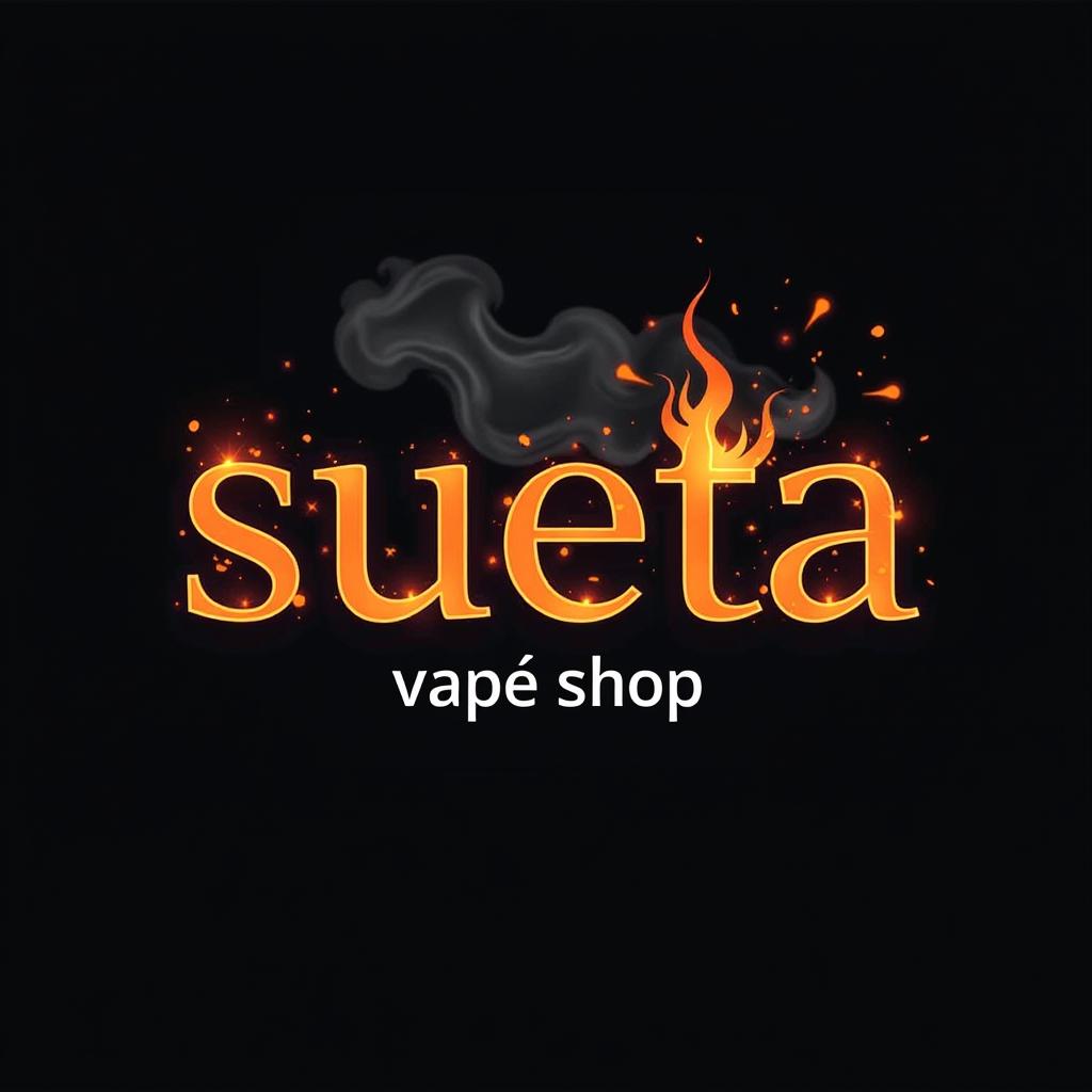  logo with the name: "sueta" in large letters, and below "vape shop" on a black background with smoke and fire, steam. to be bright but restrained. and associated with a tobacco store