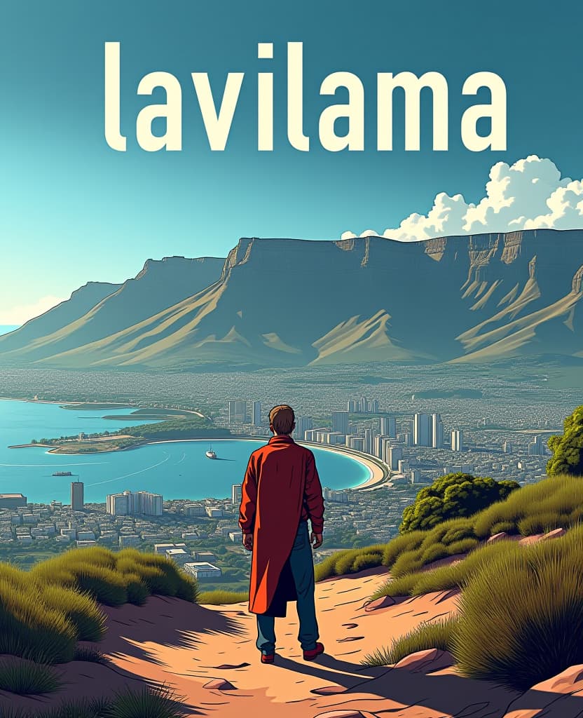  a comic book cover for a south africa travel guide with text label "capetown" capetown landscape the title of the comic has the text "lavilama" at the top of the page. at the bottom of the page it says "travelling guide" hyperrealistic, full body, detailed clothing, highly detailed, cinematic lighting, stunningly beautiful, intricate, sharp focus, f/1. 8, 85mm, (centered image composition), (professionally color graded), ((bright soft diffused light)), volumetric fog, trending on instagram, trending on tumblr, HDR 4K, 8K