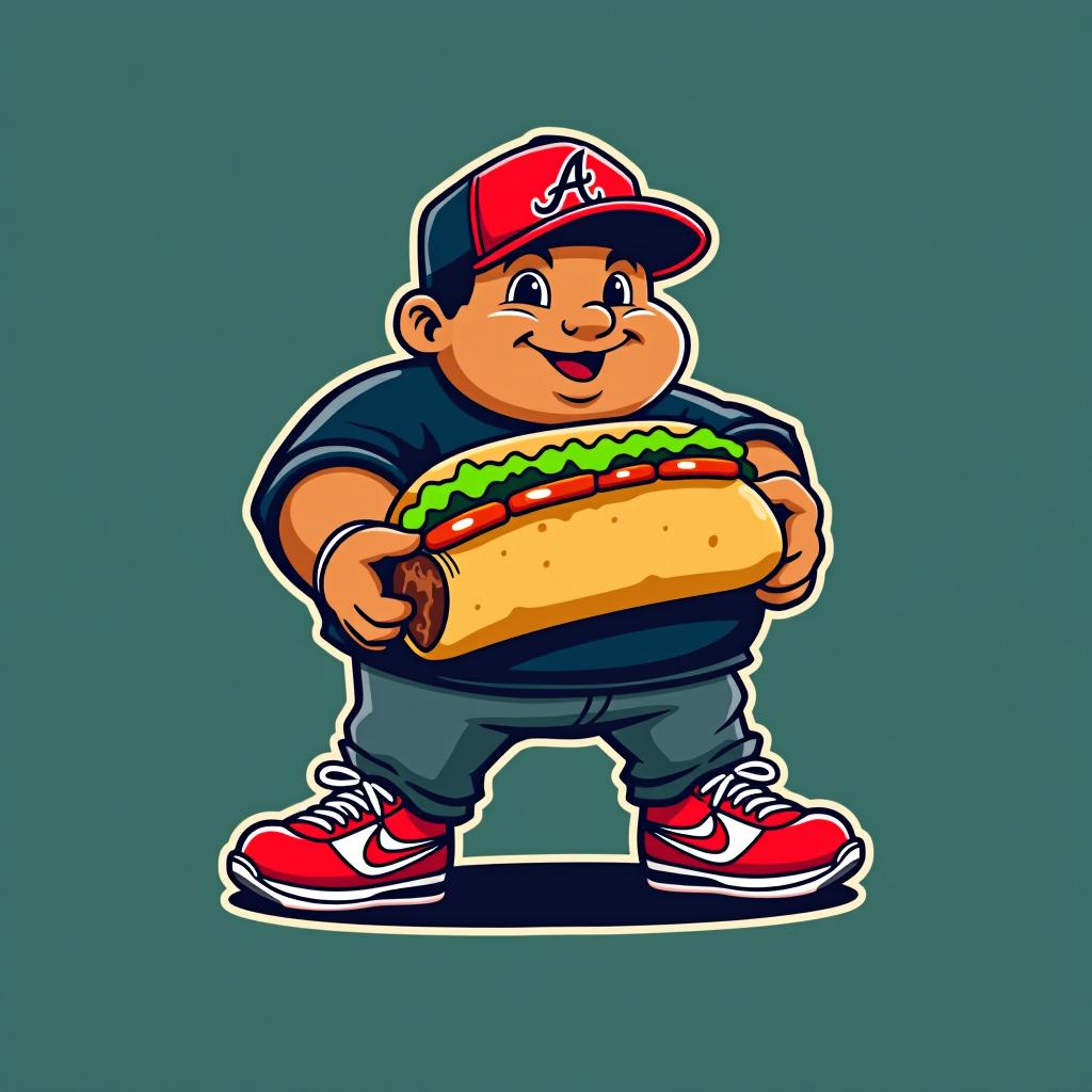  design a logo, chubby mexican with a big burrito wearing a atlanta braves hat with nike cortez shoes , with the text 'carlitos’ burritos'.