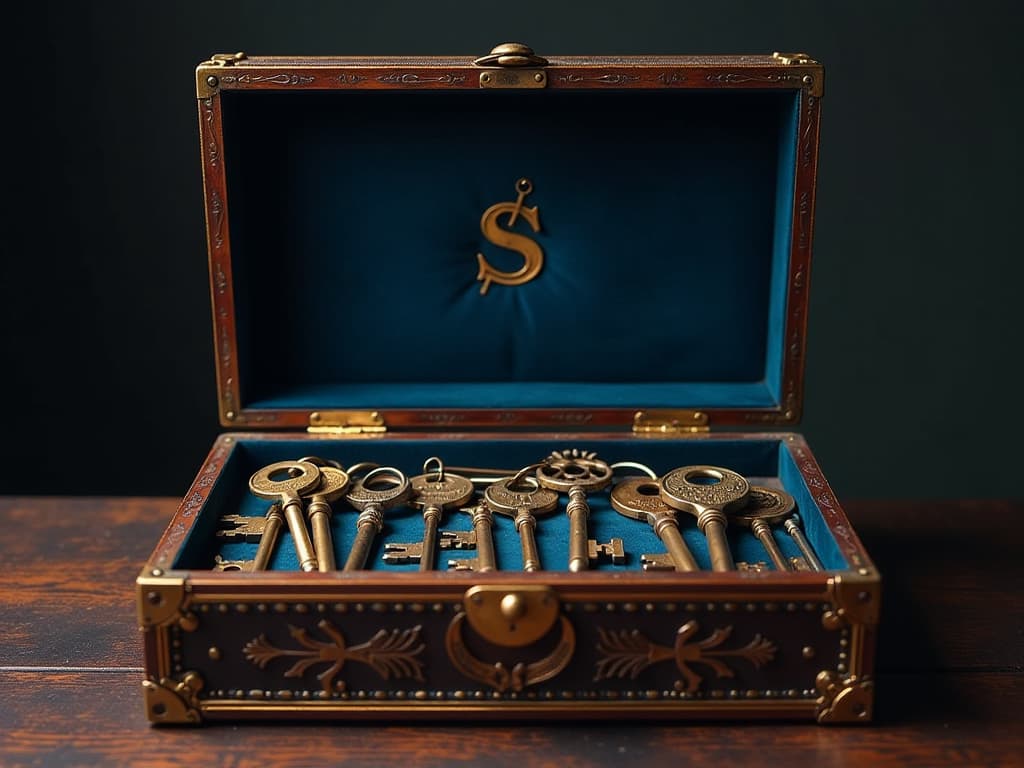  i look into a large, open, ancient, elegant box with a gold edging stuffed with keys and tools. located flat, full face, right in front of my face inside a dark blue velour. on the front panel of the box is the "s t" of gold