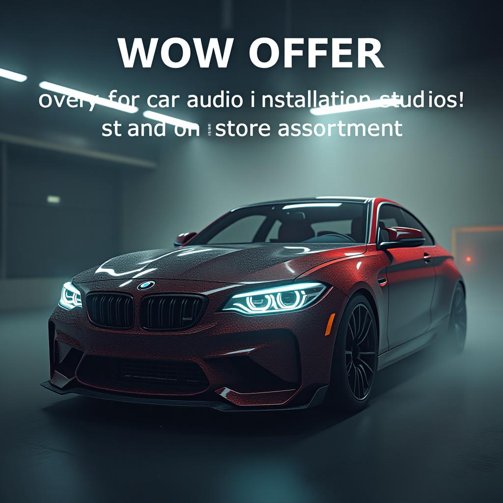  banner for the promotion "wow offer for car audio installation studios! discount on store assortment. for more details, please contact the manager." hyperrealistic, full body, detailed clothing, highly detailed, cinematic lighting, stunningly beautiful, intricate, sharp focus, f/1. 8, 85mm, (centered image composition), (professionally color graded), ((bright soft diffused light)), volumetric fog, trending on instagram, trending on tumblr, HDR 4K, 8K