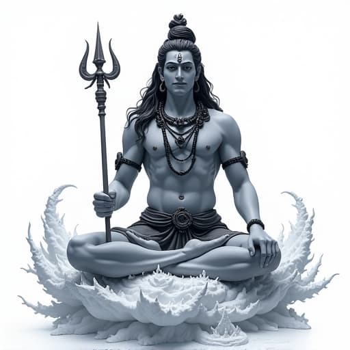  make an image that demotes sathyam (truth), shivam (divinity), sundaram (beauty). make the background in ultra clean white . for shiva show his silhoutte and a trident with a moon and ganga flowing