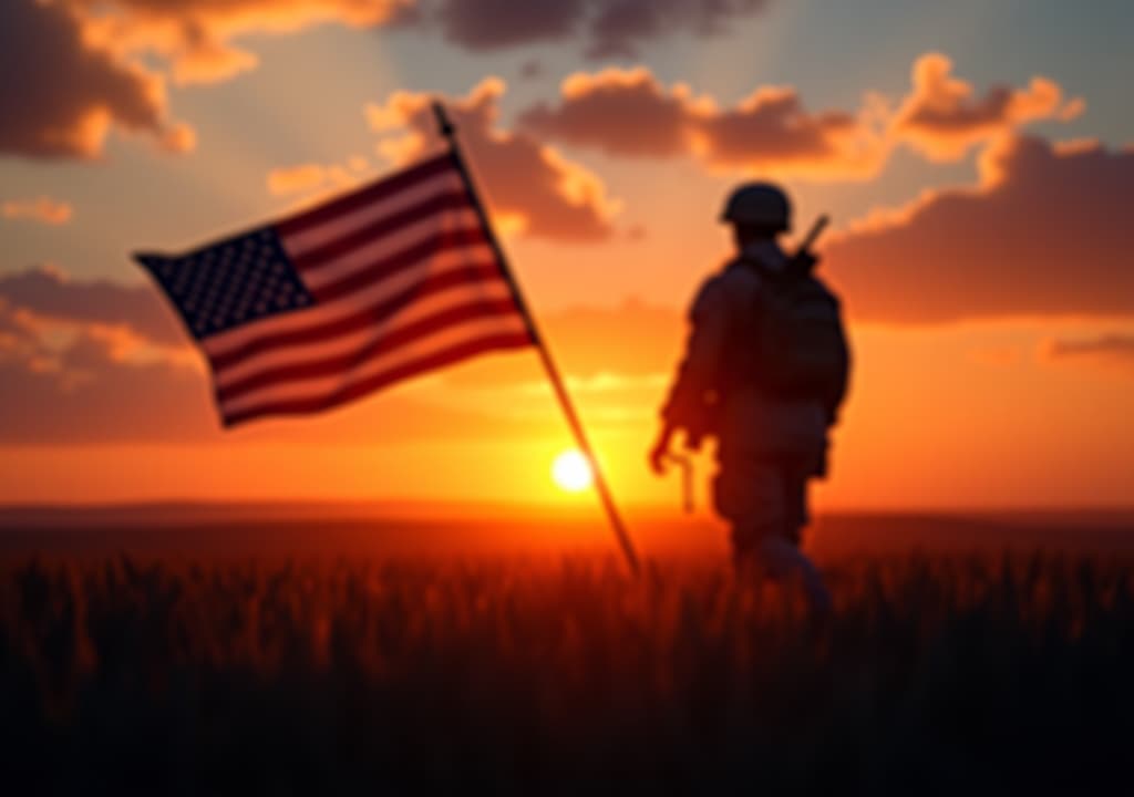  sunrise background, soldier and usa flag for patriot day, national holidays ,veterans day, memorial day, flag day, independence day