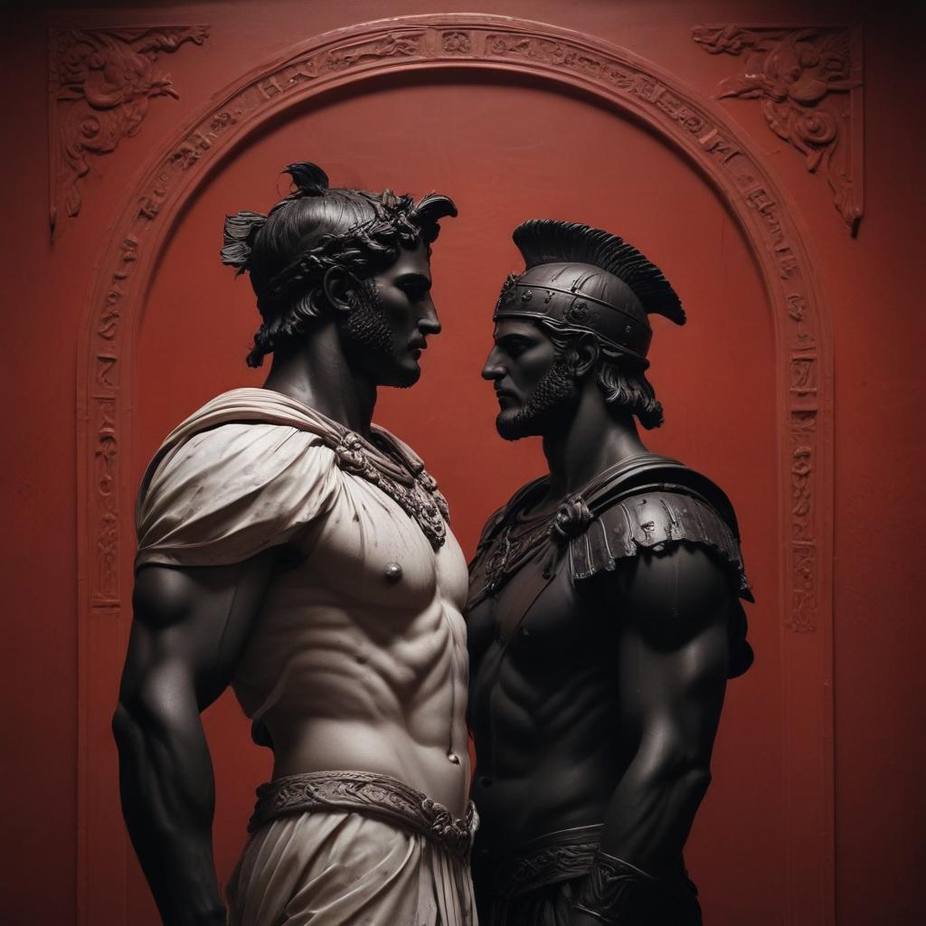 A foreboding moment as Apollo's everlasting hatred towards Achilles unfolds. Capture the tension and ominous atmosphere as divine forces align against the hero. Apollo's expression is stern and unforgiving, casting a shadow of impending doom over Achilles, setting the stage for a tragic turn of events."in the style of classical Greek pottery art, with intricate black figures on a red background, depicting mythological scenes with a focus on gods and heroes, using a limited color palette of red, black, and white"This image is a breathtaking painting that captures the magical scene with vivid detail. The overall composition is spellbinding, showcasing a perfect harmony. photorealism fantasy, unreal engine 5, concept hyperrealistic, full body, detailed clothing, highly detailed, cinematic lighting, stunningly beautiful, intricate, sharp focus, f/1. 8, 85mm, (centered image composition), (professionally color graded), ((bright soft diffused light)), volumetric fog, trending on instagram, trending on tumblr, HDR 4K, 8K