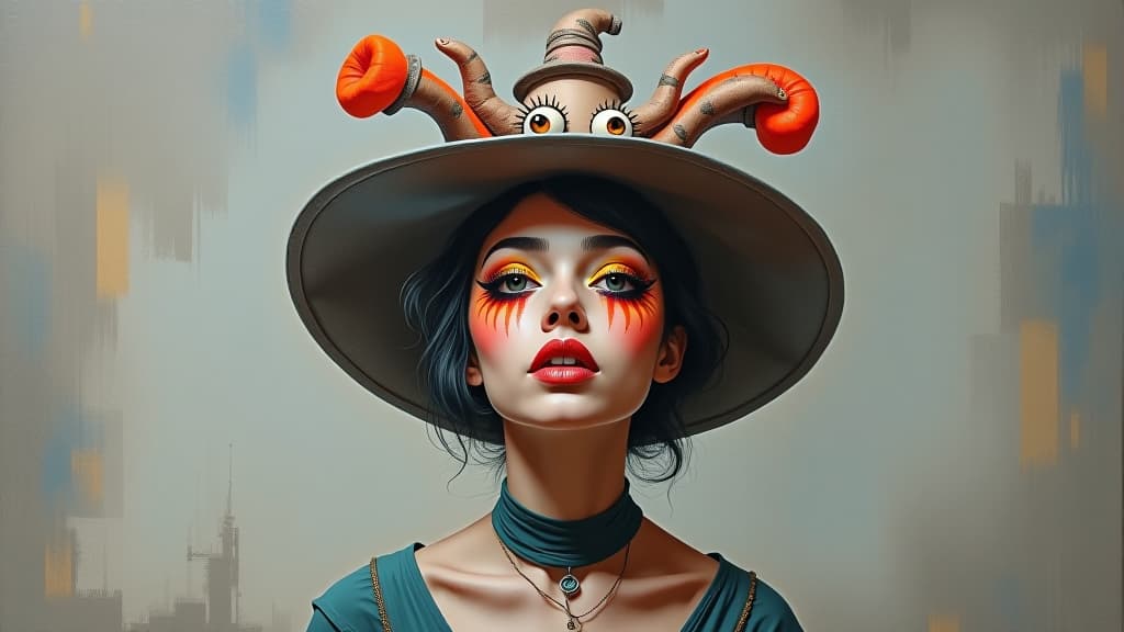  surrealistic fine art painting of eccentric young woman with bright creative makeup and weird hat while standing against gray background.