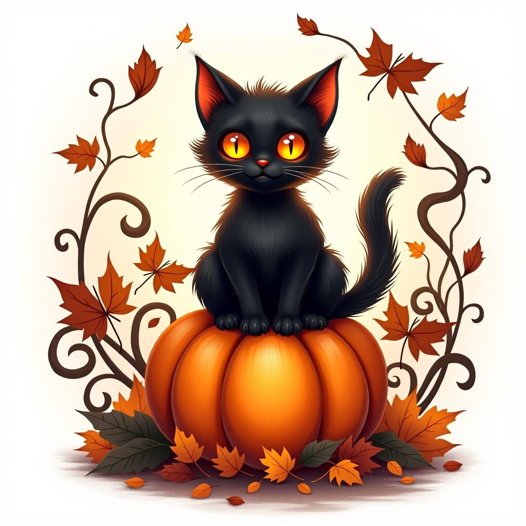  a cute black cat with glowing eyes sitting on a pumpkin, surrounded by swirling autumn leaves in a whimsical style, with warm, moody lighting. t shirt design, vector, contour, white background, no mockup hyperrealistic, full body, detailed clothing, highly detailed, cinematic lighting, stunningly beautiful, intricate, sharp focus, f/1. 8, 85mm, (centered image composition), (professionally color graded), ((bright soft diffused light)), volumetric fog, trending on instagram, trending on tumblr, HDR 4K, 8K