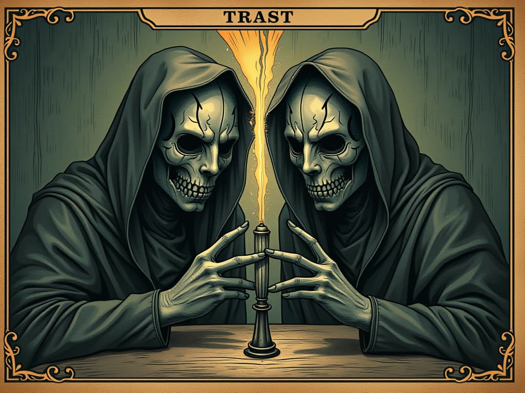  mirror masks cracking, figures in dark cloaks, light piercing through, breaking the surface, tension, revelation. an illustration in the style of a worn, mystical old tarot trump card, mysterious and elements of surrealism. the colors are muted, somber and eerie, but with contrast bring out an occult and esoteric vibe.