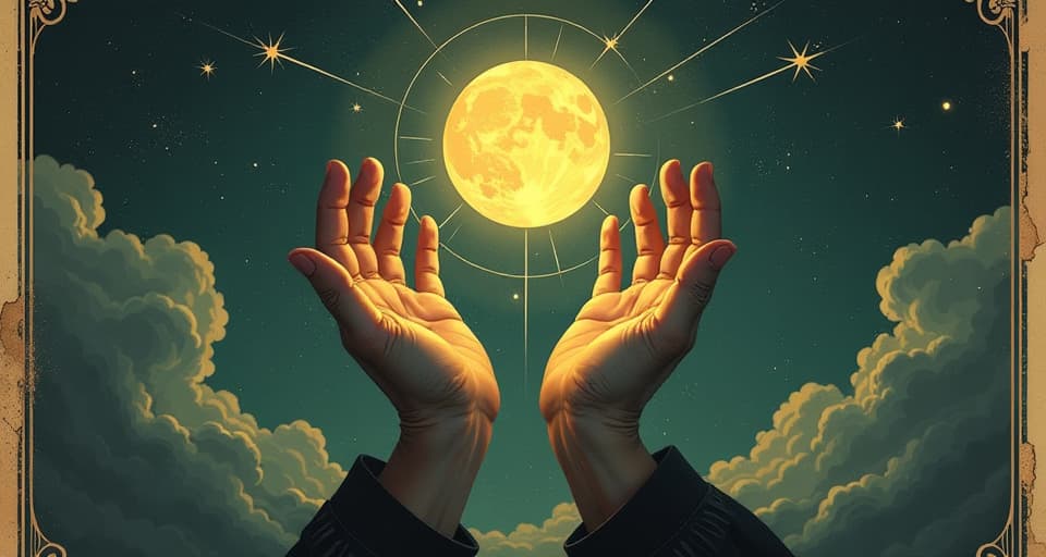  hands releasing a glowing orb into the sky, letting go, transcendence, higher plan. an illustration in the style of a worn, mystical old tarot trump card, mysterious and elements of surrealism. the colors are muted, somber and eerie, but with contrast bring out an occult and esoteric vibe.